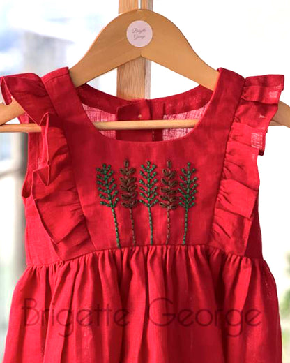 Red Linen Embroidered Dress